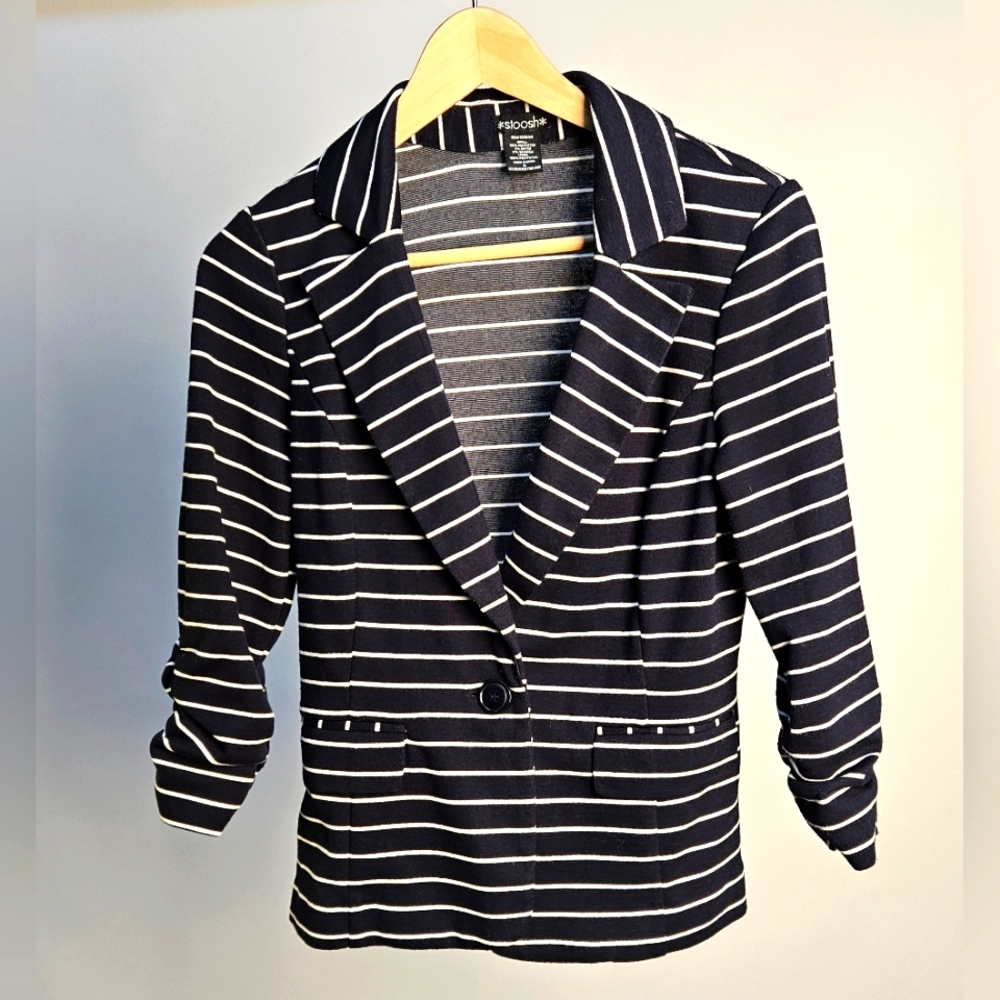 Stoosh Striped Lightweight Blazer with Rouched Sleeves Navy & White Size Small